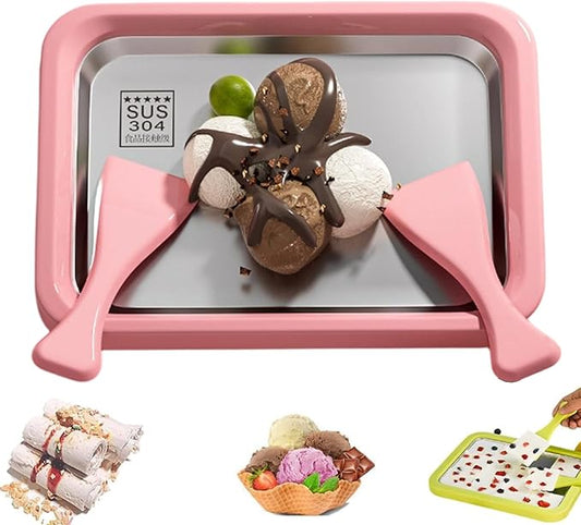 Rolled Ice Cream Maker Large, At Home Rolled Ice Cream Tray Kit With 2 Scrapers, Diy Stainless Steel Instant Frozen Yogurt Cold Plate, Fun Family Activity, Easy Homemade Desserts (Pink, 10.2"x 8.2")