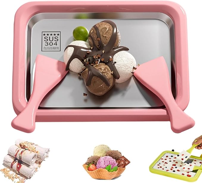Rolled Ice Cream Maker Large, At Home Rolled Ice Cream Tray Kit With 2 Scrapers, Diy Stainless Steel Instant Frozen Yogurt Cold Plate, Fun Family Activity, Easy Homemade Desserts (Pink, 8.6"x 6.8")