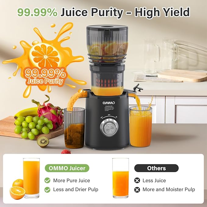 OMMO Juicer Machines, 300W Cold Press Juicer for Whole Vegetables & Fruits with 6'' Large Feed Chute, Slow Masticating Juicer Easy to Clean, High Juice Yield, BPA Free, Black