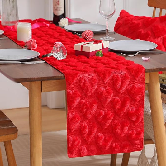 Table Runner 13x108 Inch for Valentine's Day, 3D Heart Shape Winter Holiday Decorative Farmhouse Table Decorations for Kitchen Dinning, Indoor Outdoor Dinner Party Decor (Red)