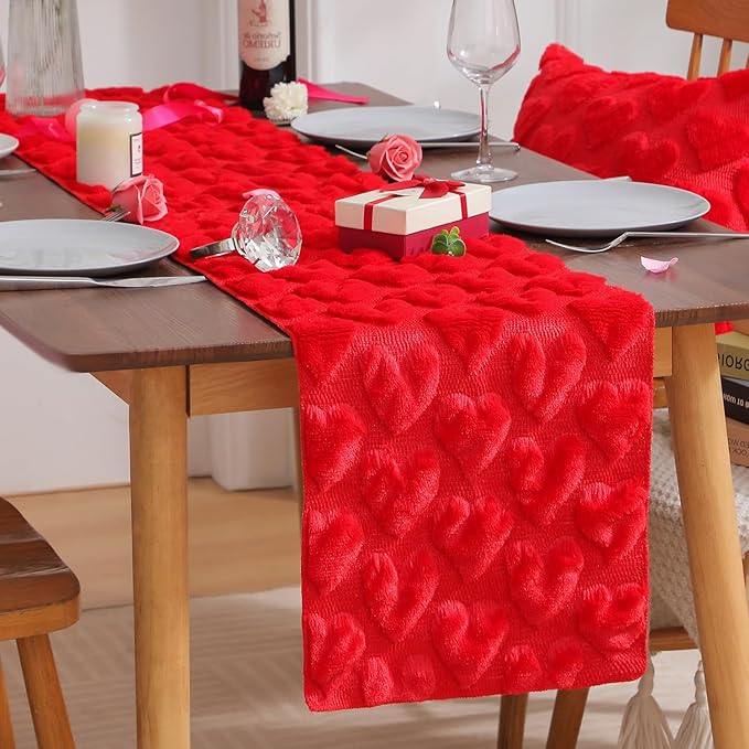 Table Runner 13x72 Inch for Valentine's Day, 3D Heart Shape Winter Holiday Decorative Farmhouse Table Decorations for Kitchen Dinning, Indoor Outdoor Dinner Party Decor (Red)