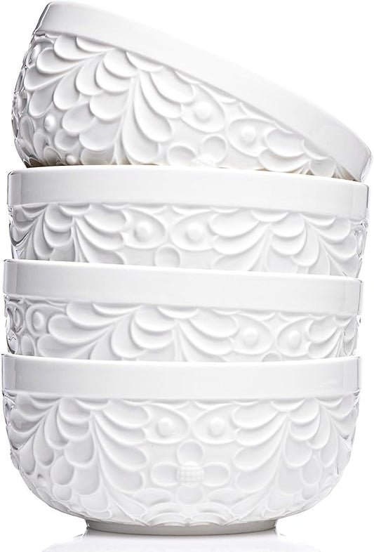 32Oz Ceramic Bowls for Kitchen with Nature-Inspired Engravings - Set of 4 - Versatile Ramen Bowl Set for Pasta, Chili, Oatmeal, Cereal, Rice, Fruit, Soup - Dishwasher, Microwave, Oven, Freezer Safe