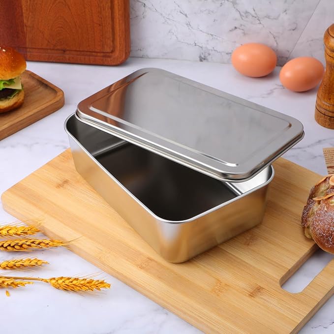 Kichvoe Stainless Steel Loaf Pan with Lid - Non-Stick Bread Pan for Baking | Rectangle Toast Mold Metal Bakeware for Homemade Meatloaf, Cakes, Brownies, 9.05×5.90×2.55 Inch