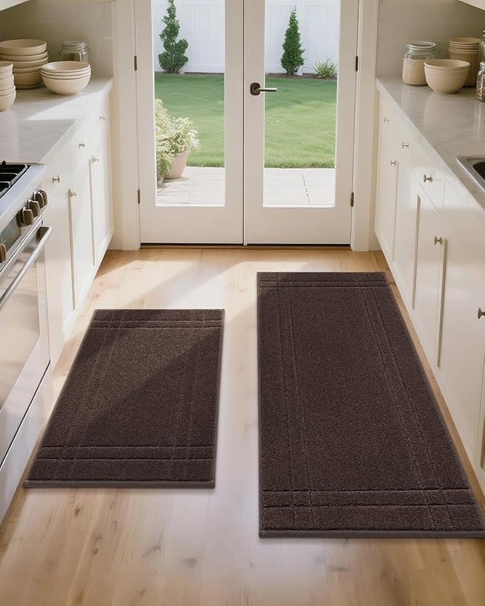 JSEI Kitchen Mats for Floor, Non-Slip Kitchen Rugs, Soft Washable Absorbent Kitchen Mats 2 PCS, Kitchen Runner Rug with TPR Backing, Polyester, 20"x32"+20"x48", Brown