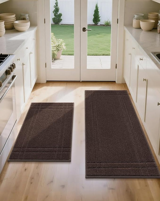 JSEI Kitchen Mats for Floor, Non-Slip Kitchen Rugs, Soft Washable Absorbent Kitchen Mats 2 PCS, Kitchen Runner Rug with TPR Backing, Polyester, 20"x32"+20"x48", Brown