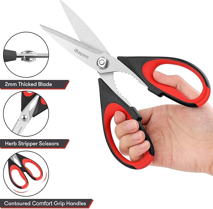 iBayam 3-Pack 8.5"Kitchen Scissors All Purpose Heavy Duty with Protective Sheath, Soft Grip Comfort Handle, Dishwasher Safe Kitchen Utensils Gadgets Set, Stainless Cooking Meat Poultry Food Shears
