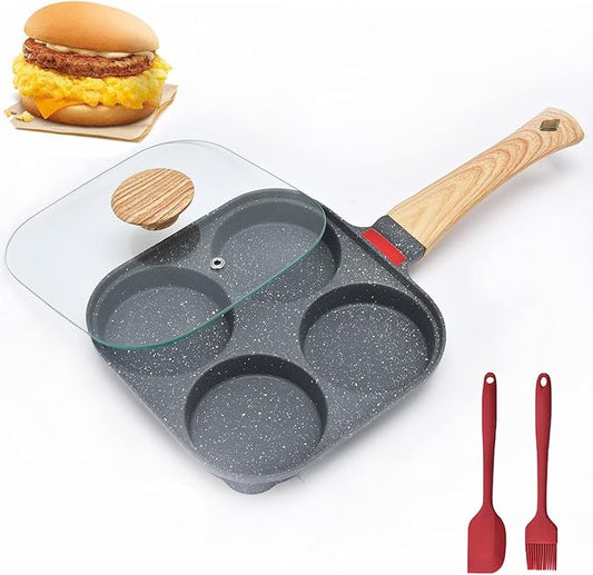 MIHUNTER 4-Cup Aluminum Nonstick Egg Pan with Lid, Suitable for Gas Stove & Induction Cookware