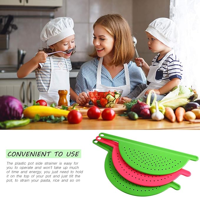 3 Pieces Pot Drainer with Handle Hand Held Pan Pot Strainer Plastic Pot Side Strainer Pasta Pot Drainers for Noddles Fruit Veggies and More, Fits up to 9 Inches