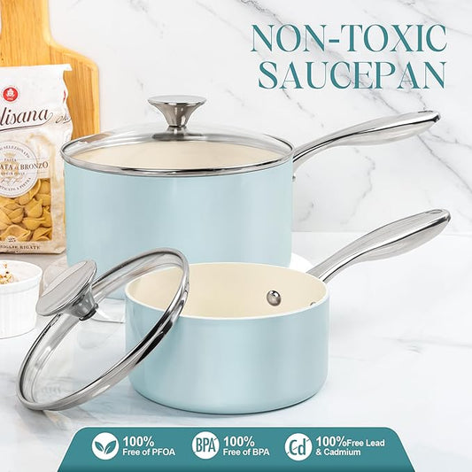 MICHELANGELO 3 Quart Saucepan with Lid - Non Toxic Sauce Pan with Nonstick Ceramic Coating, Scratch-Resistant, Induction Saucepan Suitable for All Stovetops, Light Blue