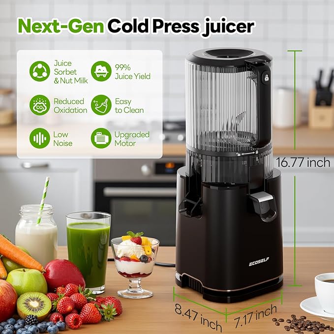 ECOSELF Cold Press Juicer with 3 Filters (For Juice/Sorbet/Nut Milk), Juicer Machines With 6.0" Wide Mouth Hopper, Self Feeding & Hands-Free Design, Upgraded Motor, Juicer for Family Gathering Party