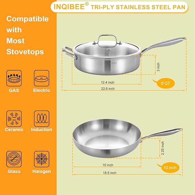 Inqibee Tri-Ply Stainless Steel Cookware Set - 6 Qt Deep Sauté Pan with Lid, 10 Inch Frying Pan, Induction/Gas Compatible, Dishwasher & Oven Safe