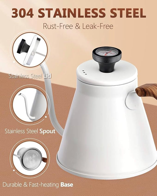 Gooseneck Kettle with Thermometer for Pour Over Coffee and Tea, 37 fl oz, Stainless Steel, Durable 3-Layer Base, Ideal Spout for Precision Pouring, Compatible with all Stove Tops (White)