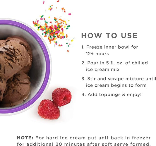 Zoku Ice Cream Maker, Compact Make and Serve Bowl with Stainless Steel Freezer Core Creates Soft Serve, Frozen Yogurt, Ice Cream and More in Minutes, BPA-free, 6 Colors, Purple