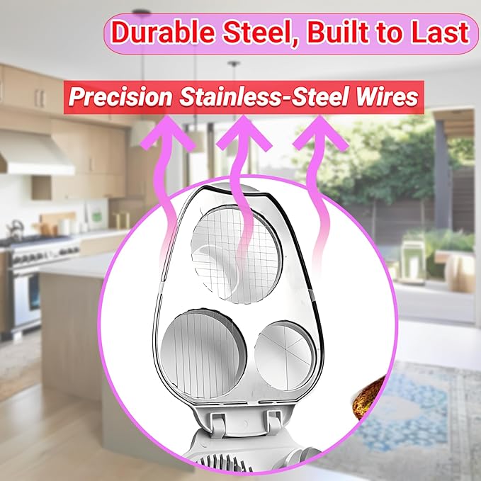 3 In 1 Egg Slicer, Stainless Steel Multipurpose Egg Cutter, 3 Way Egg Dicer for Hard Boiled Eggs, Grape and Tomato Chopper for Strawberry, Salad, Fruit and Vegetable (Yellow)