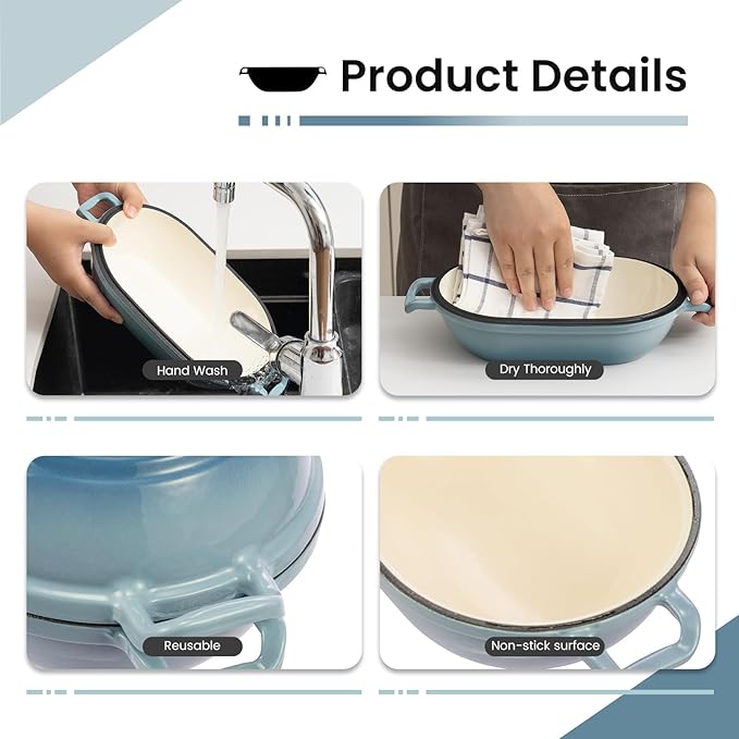 FRRLY Enameled Cast Iron Dutch Oven for Sourdough Bread Baking,9 x 5-4/5 Inch Oval Cast Iron Bread Pan with Lid,Dutch Oven for Homemade Sourdough Baking,2.8QT Meatloaf Pan,Oven Safe