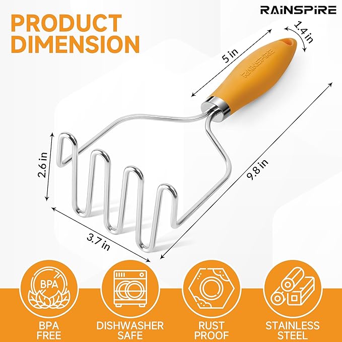 Rainspire Potato Masher Stainless Steel, Mashed Potato Masher Kitchen Tool, Durable Mash Potatoes Masher, Soft Non-slip Handle, Kitchen Utensils, Kitchen Gadgets, Orange