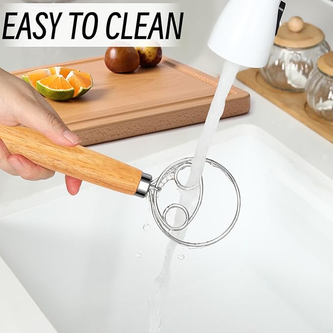 Danish Dough Whisk Stainless Steel with Dough Hook & Wooden Handle for Sourdough Bread Baking and Dough Mixing