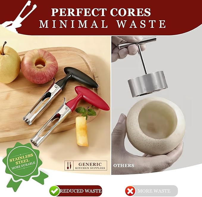 Stainless Steel Apple Corer, 2-Pack (Black & Red) - Easy Push & Twist Design, Comfort Grip Handle for Baking, Snacks, Fruit Vegetable, Dishwasher Safe