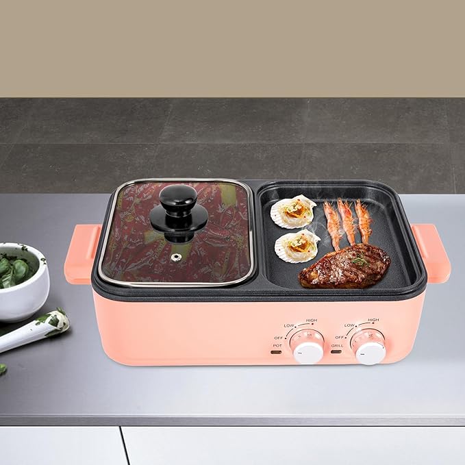 Electric Hot Pot with Grill, 2-in-1 Indoor Electric Grill & Hot Pot Combo, Nonstick Pan For Boiling & Frying for Korean BBQ, Steaks, Shabu Shabu Vegetables Noodles, (Pink)