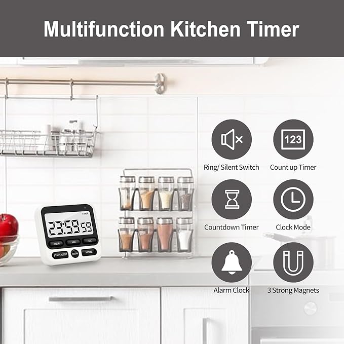 2 Pack Digital Kitchen Timer with Mute/Loud Alarm,Count Up/Down, 24 Hour Clock and Alarm Function for Kids Teacher Cooking