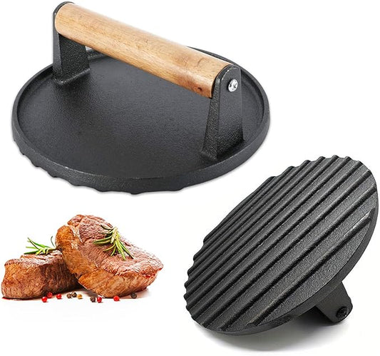 Iron Burger Press, 6.8'' Round Heavy-Duty Cast Iron Smash Bacon Press, with Non-Slip Wooden Handle, Grill Weight for Griddle, Sandwich, Nonstick Pan
