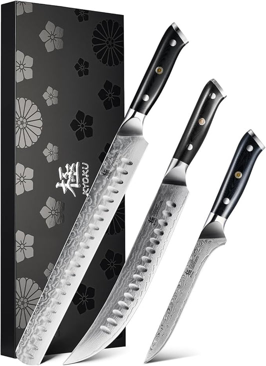 KYOKU Knife Set, Shogun Gin Series 3pc Japanese Style Kitchen Knife Set for Cooking, 7" Boning 12" Slicing 10" Scimitar Knife with Silver Ion Blade Sheath Gift Box, Damascus Stainless Steel Knives
