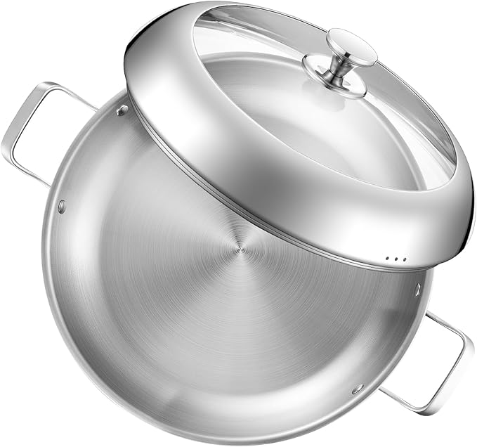 Yeksum Stainless Steel Paella Pan with Lid - 14.5" Tri-Ply 18/10 Deep Paella Pan for 12, PFOA-Free, Fast Heating & Oven Safe 550°F, All Stovetops & Outdoor Skillet