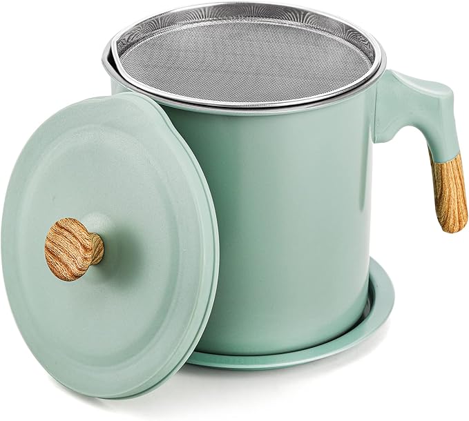 Lyellfe Bacon Grease Container with Strainer, 1.4L/48 Oz Stainless Steel Oils Filter Pot for Kitchen, Green Cooking Oil Storage Holder for Used Cooking Oils, Fat and Frying Oil