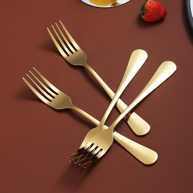 Gold Dinner Forks of 4, Berglander 7.9" Stainless Steel Titanium Shiny Gold Plating Fork Set, Forks And Spoons Silverware, Golden Table Forks Set Sturdy And Dishwasher Safe