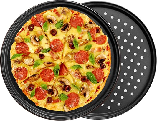 InBlossoms 9.6 inch Pizza Pan With Holes, Carbon Steel Perforated Non-Stick Bakeware for Home Kitchen Oven, 2 Pack