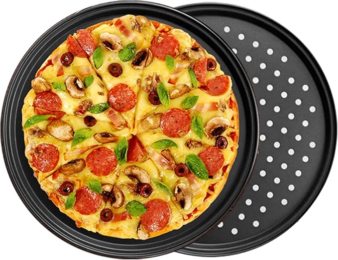 InBlossoms 12.6 inch Pizza Pan With Holes, Carbon Steel Perforated Non-Stick Bakeware for Home Kitchen Oven, 2 Pack