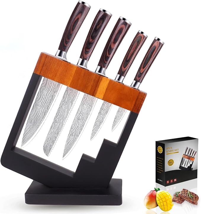 5 Piece Kitchen Knife Set with Block - High Carbon Stainless Steel Sharp Blade Chef Knives Sets with Ergonomic Wood Handle, Kitchen Knife Block Set for Home Cooking -5