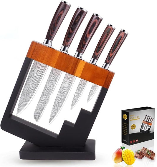 5 Piece Kitchen Knife Set with Block - High Carbon Stainless Steel Sharp Blade Chef Knives Sets with Ergonomic Wood Handle, Kitchen Knife Block Set for Home Cooking -5
