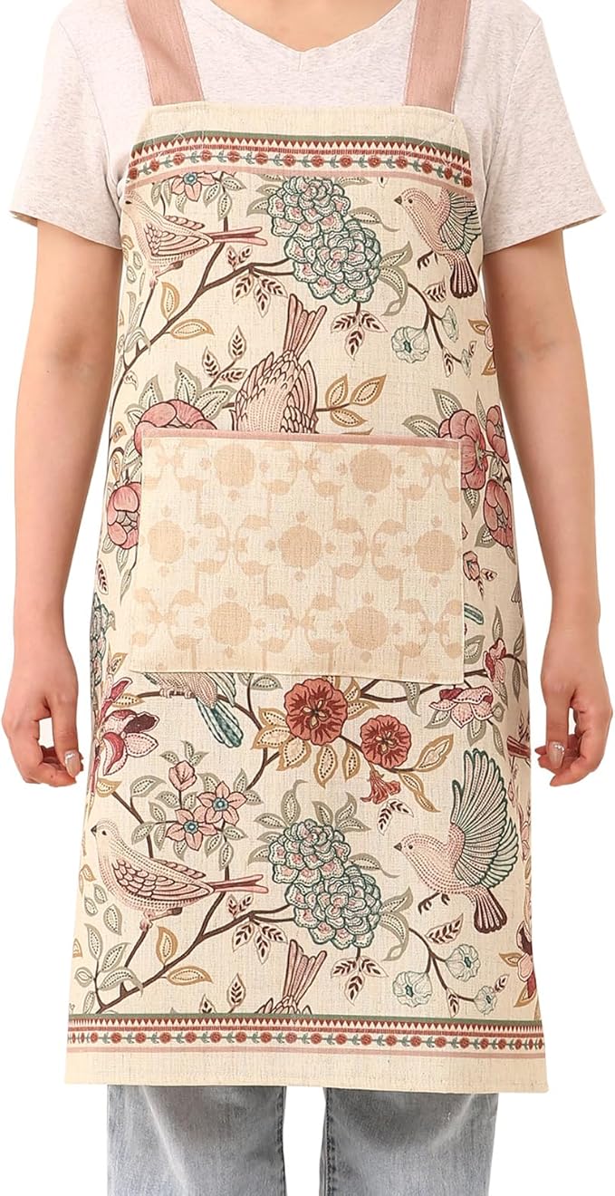 patdrea Blue Floral Linen Apron with Pocket,French Kitchen Garden Chef BBQ Aprons for Women and Men,Crisscross Back Straps