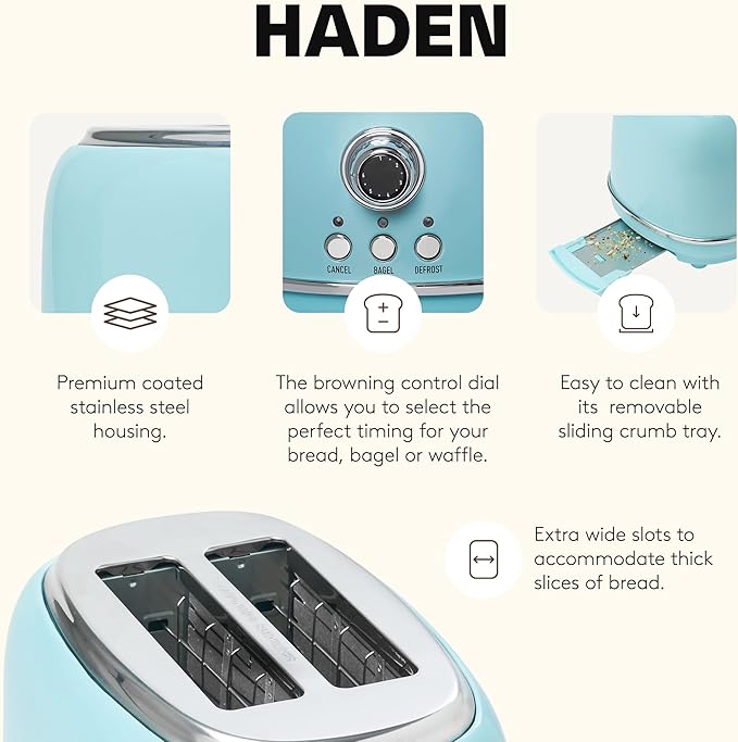Haden Heritage 2 Slice Wide Slot Stainless Steel Toaster with Adjustable Browning Control & Non-Slip Feet, Turquoise & Chrome