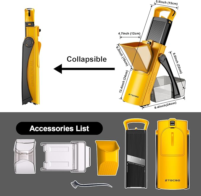 [All in 1] Upgraded Version Safe Mandoline Slicer for Kitchen, Adjustable Thickness. and Spiralizer, Veggie Slicer, Rapid Prep Mandoline, Detachable Blade, Cleaning Brush (Yellow)