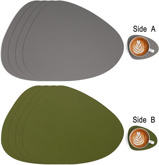Myir JUN Placemats, Dual-Sided Placemats Waterproof Faux Leather Placemats Set of 4 Place Mats and Coasters Non-Slip Washable Table Mats for Dining Table (Gray Green, Set of 4)