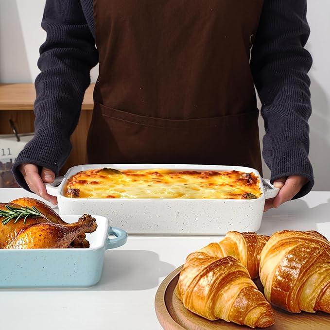 Family of chefs casserole dishes set for oven, 2Pcs rectangular baking dish, Durable Lasagna & cake for kitchen, Non-stick ceramics bakeware with handle, Microwave & Dishwasher safe.