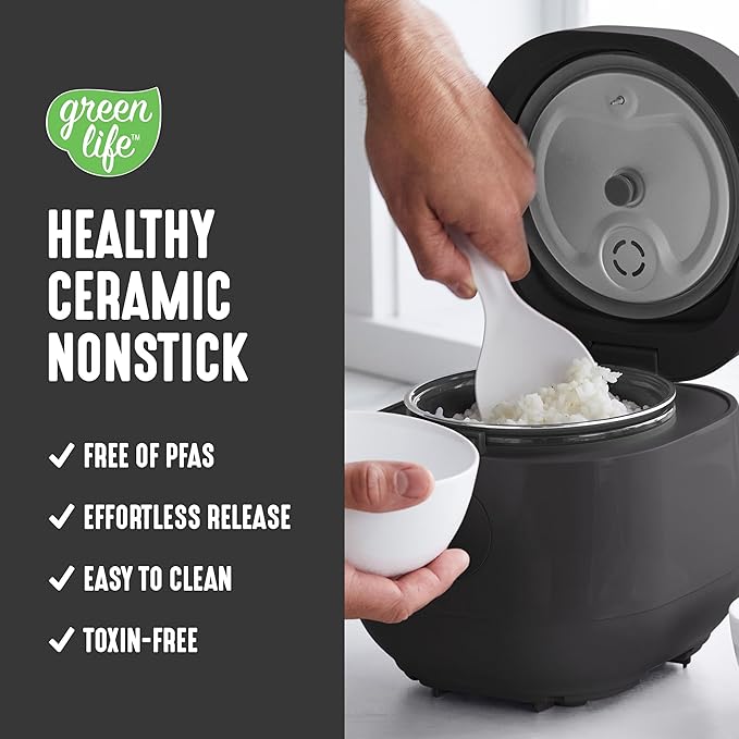 GreenLife Digital Rice Cooker, 2-Cups Uncooked/4-Cups Cooked, Removable Nonstick Ceramic PFAS-Free Pot, One-Touch Presets, Oats, Quinoa, Brown Rice, Auto Keep Warm, Fuzzy Logic Tech, 1.5QT, Black