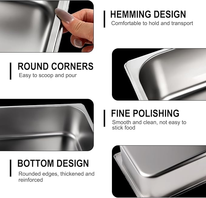 West Bay 4 Pack 1/3 Hotel Pan with Lids, 4'' Deep Steam Table Pan with Lid, 13''L x 6.8''W Stainless Steel Pans for Home, Party, Hotel, Buffet