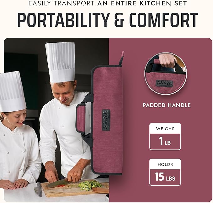 Asaya Chef Knife Roll Bag - 12 Pockets for Knives and Kitchen Utensils - Lightweight, Durable, and Stain Resistant Nylon - Perfect for the Traveling Chef - Knives not Included (Red)