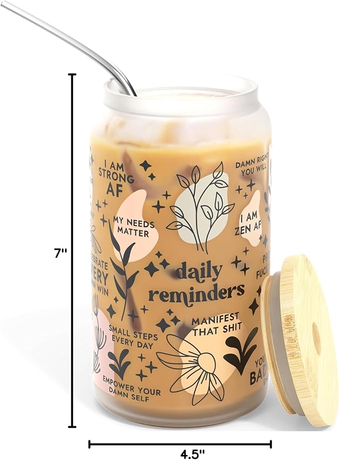 Daily Affirmation Iced Coffee Cup [Frosted], Glass Cups with Bamboo Lids and Straws | 16 oz Mason Jar Drinking Glasses & Boba Cup | Glass Tumbler with Straw and Lid Mental Health [Vulgar Edition]