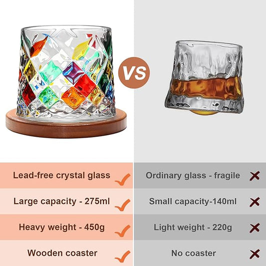 Rotatable Old Fashioned Glass Cup, 275ml/10oz Crystal Whiskey Glass Set of 2, Wood Coaster, Thickening, Used as Rum Glass, Cocktail, Coffee, Milk Cup to Relax and Reduce Stress