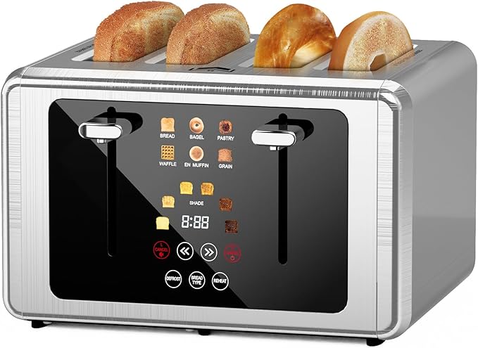 WUNLY Touch screen Toaster 4 slice,Stainless Steel Digital Timer Toasters with Sound/Screen-Off Function,6 Bread Types & Shade Settings,Smart 1.5 Wide Slots Toaster with Bagel,Defrost,Stainless Steel