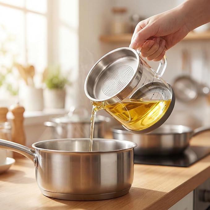 Glass Bacon Grease Container with Strainer Cooking Oil Storage Can Food Strainers with Stainless Steel Filter Lid Silicone Nonslip Pad for Storing Fats Frying Oil Cooking Grease (1l / 35oz)