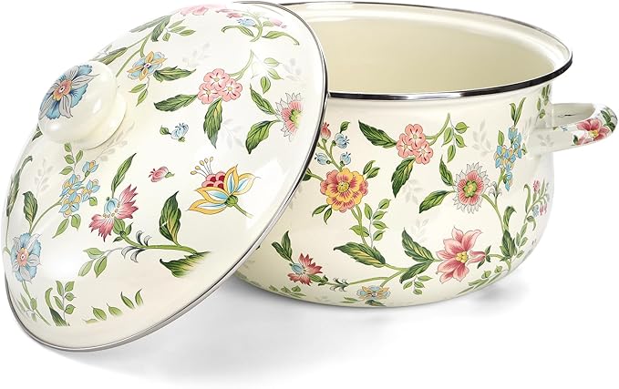 Jucoan 5 Quart Enamel Stockpot with Lid, Green Floral Enamelware Cooking Pot with Dual Handles for Stovetop, Large Soup Pot Potpourri Simmer Pot Gift for Housewarming Bridal Shower Christmas