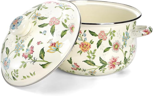 Jucoan 5 Quart Enamel Stockpot with Lid, Green Floral Enamelware Cooking Pot with Dual Handles for Stovetop, Large Soup Pot Potpourri Simmer Pot Gift for Housewarming Bridal Shower Christmas