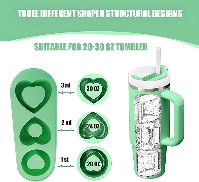 Ice Cube Trays for Stanley Cup 20 30 40 OZ Tumbler Ice Mold Heart Shape Silicone Ice Cube Tray with Lid, Stanley Ice Mold and Maker Ice Cube for Cocktails, Whisky, Juice (20-30 OZ, Green)