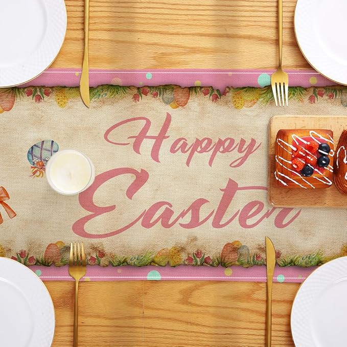 Vintage Easter Table Runner Easter Decorations - Pink Vintage Style Rabbit and Girl Happy Easter Spring Home Kitchen Dining Table Decor, Spring Party Decorations 13x72 Inch