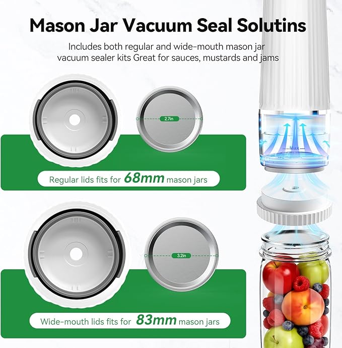 Vacuum Sealer for Food (Compact Vacuum Sealer Machine+30 Reusable Bags+20 Mason Jar Lids+Wine Stopper), Handheld Mason Jar Vacuum Sealer for 10X Preservation & Fresh, 80Kpa Portable Vacuum Food Saver